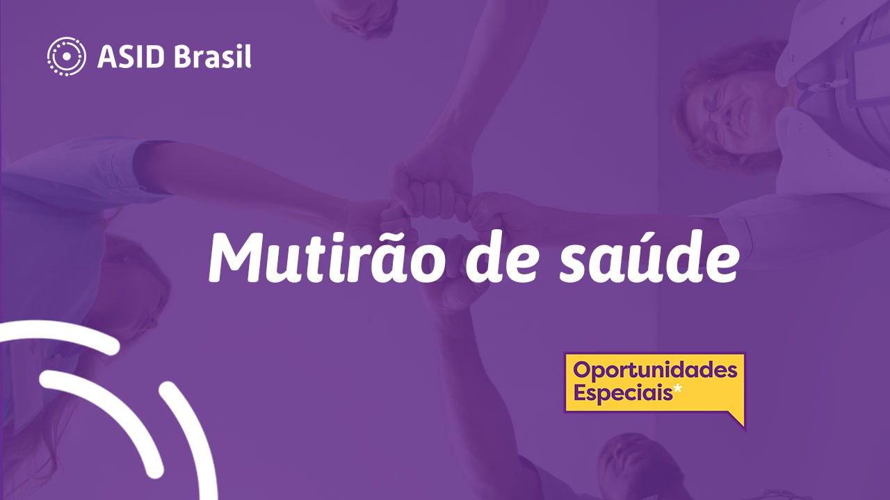 Imagem de fundo roxo como título Mutirão de Saúde - oportunidades especiais